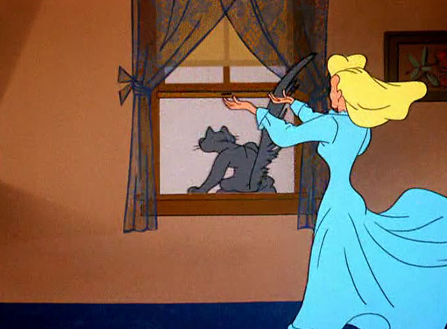 Wild Wife - gray cartoon cat having window opened to release tail by housewife Marsha
