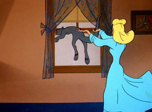 Wild Wife - gray cartoon cat jumping off window sill away from housewife Marsha