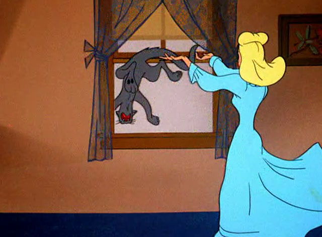 Wild Wife - gray cartoon cat jumping off window sill away from housewife Marsha