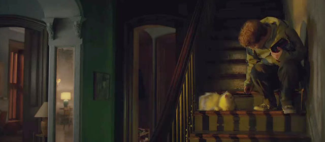 The Woman in the Window - white Persian cat Punch on stairs with Ethan Fred Hechinger