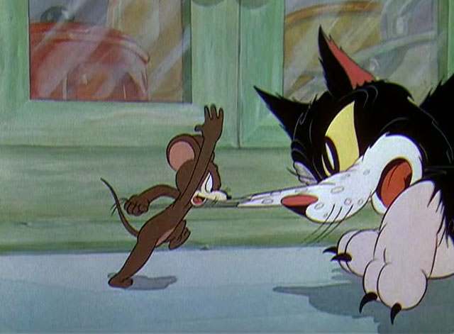 The Worm Turns - black and white cartoon cat having whiskers grabbed by mouse