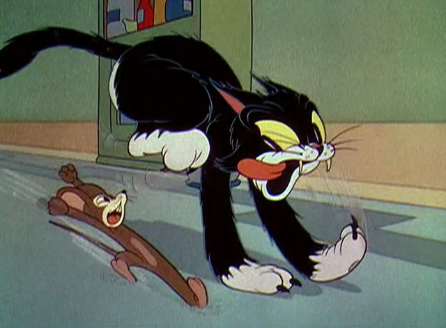 The Worm Turns - black and white cartoon cat being chased by mouse
