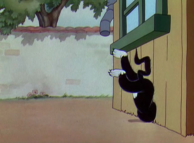 The Worm Turns - black and white cartoon cat squeezing through tiny hole in shed