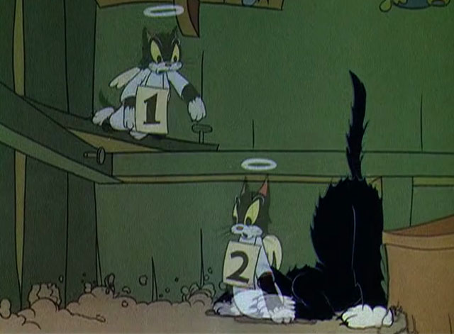 The Worm Turns - black and white cartoon cat cowering as his lives leave his body