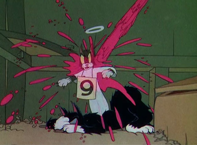 The Worm Turns - black and white cartoon cat cowering as his ninth life is sprayed