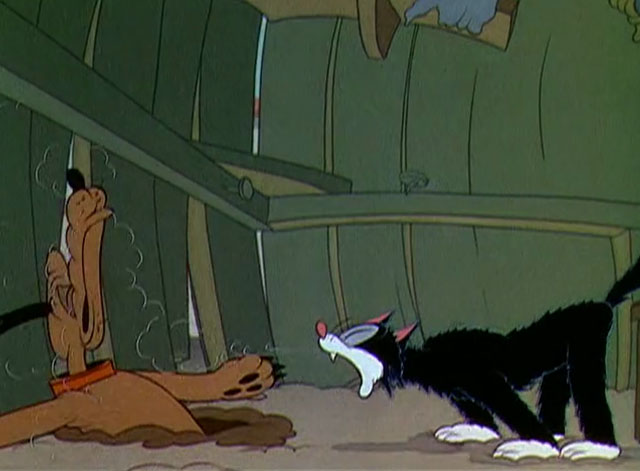 The Worm Turns - black and white cartoon cat yowling at Pluto