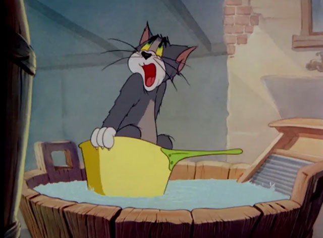 The Yankee Doodle Mouse - Tom cartoon cat in pan floating in water in wooden tub
