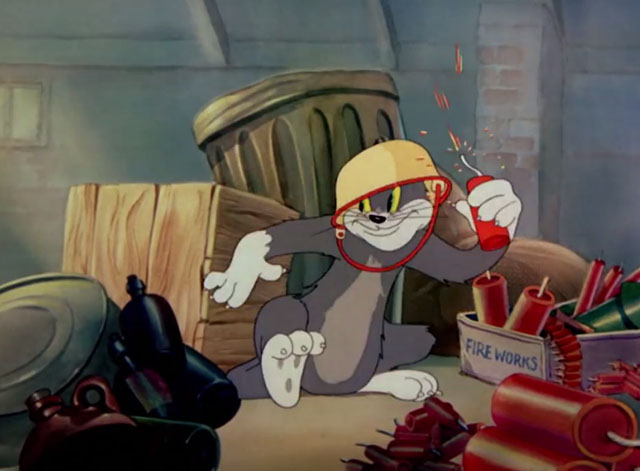 The Yankee Doodle Mouse - Tom cartoon cat wearing pot on head about to throw lit firecracker