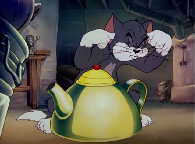 The Yankee Doodle Mouse - Tom cartoon cat with fingers in ears beside teapot