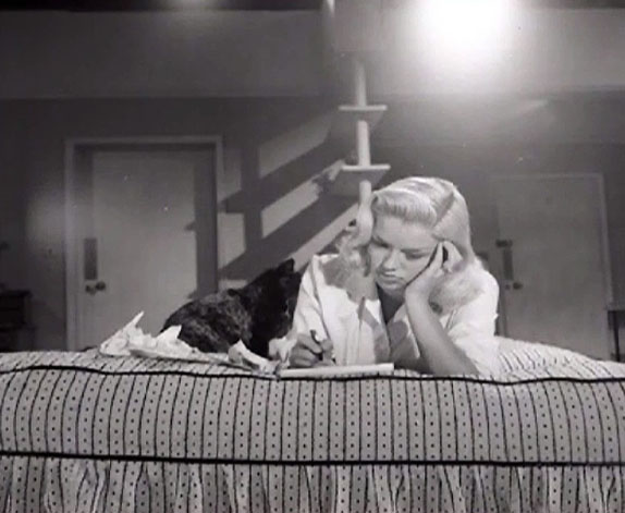 Yield to the Night - Mary Diana Dors lying on bed with tortoiseshell cat