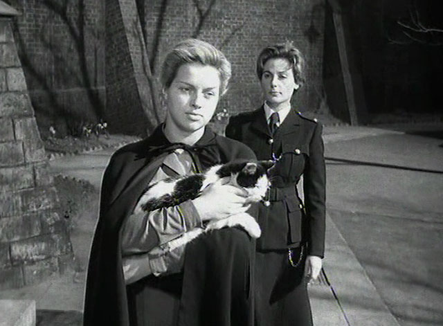 Yield to the Night - Mary Diana Dors carrying tuxedo cat with MacFarlane Yvonne Mitchell
