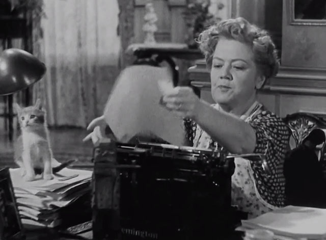 You Can't Take it With You - Penny Spring Byington at typewriter with bicolor tabby kitten sitting on manuscript