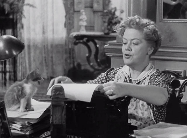 You Can't Take it With You - Penny Spring Byington at typewriter with bicolor tabby kitten sitting on manuscript mewing