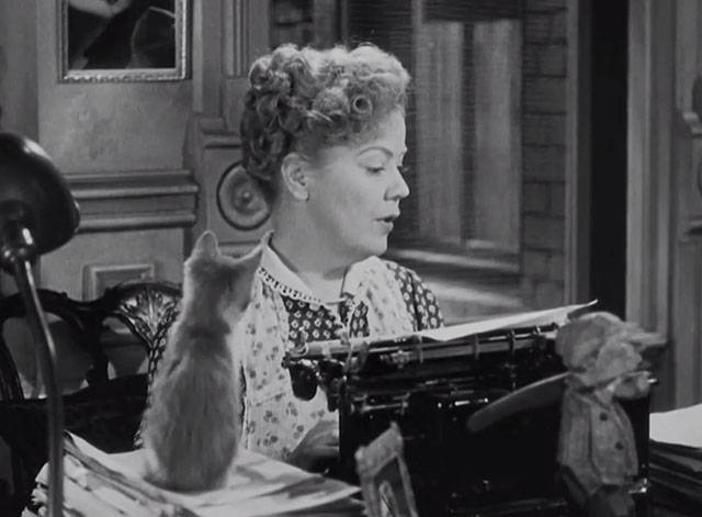 You Can't Take it With You - Penny Spring Byington at typewriter with bicolor tabby kitten sitting on manuscript