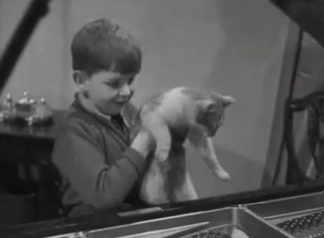 Youth on the Keys - boy Colin Sherratt holding white and orange tabby cat by piano