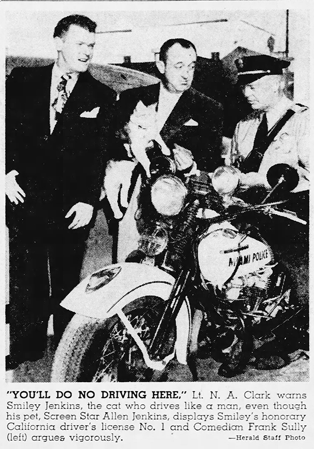 article about Allen Jenkins and his cat Smiley showing police officer the cat's drivers license with Frank Sully