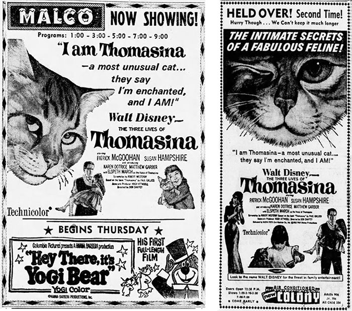 Behind the Scenes of Thomasina - newspaper ads for theatrical showings of Thomasina from 1964