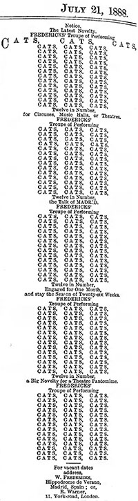 ad from The Era for Frederick's Performing Cats coming