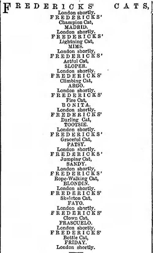 ad from The Era for Frederick's Performing Cats listing cats performer names