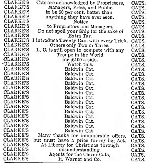 Leoni Clarke's ad announcing the addition of the Baldwin Cat from theatrical magazine The Era