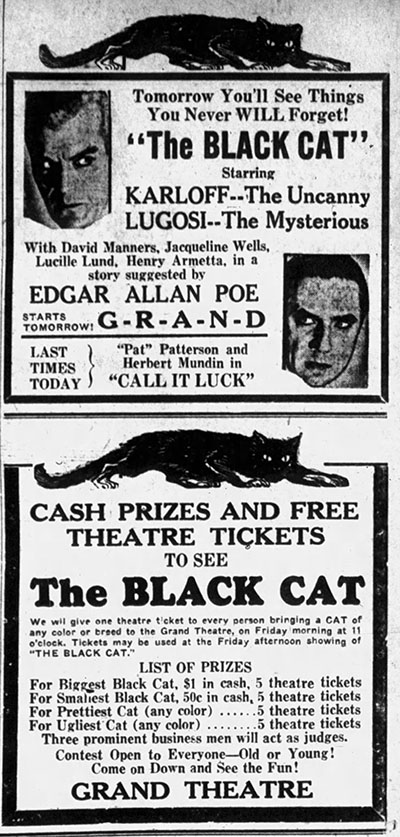 Calling All Black Cats - newspaper ad for movie theater Black Cat Contest with showing of The Black Cat