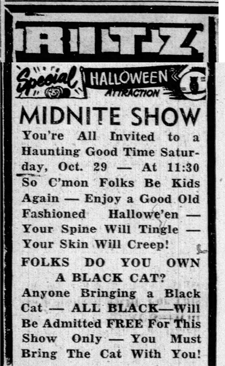 Calling All Black Cats - newspaper ad for Ritz movie theater to bring black cat to midnight showing
