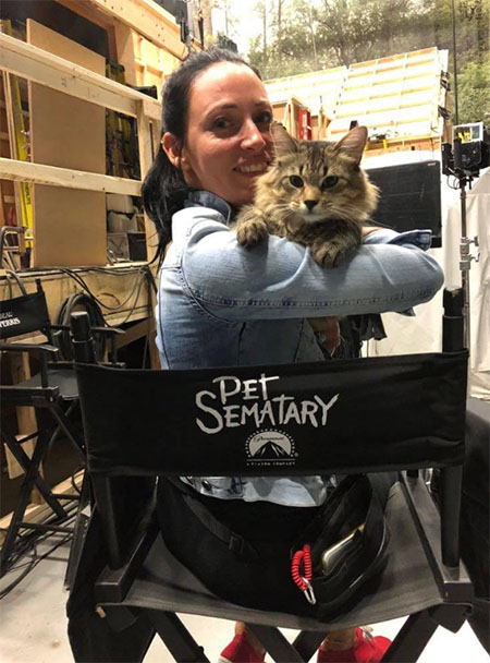 Melissa Millett and Tonic longhair tabby cat on set of Pet Sematary