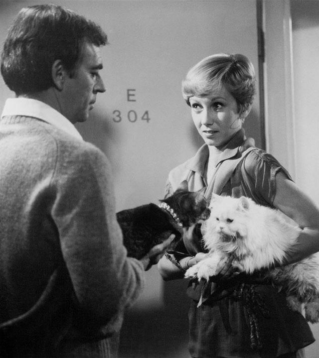 Cat From Outer Space - Liz Sandy Duncan holding white Persian cat Lucy Belle Spot with Frank Ken Berry holding Abyssinian cat Jake Rumple