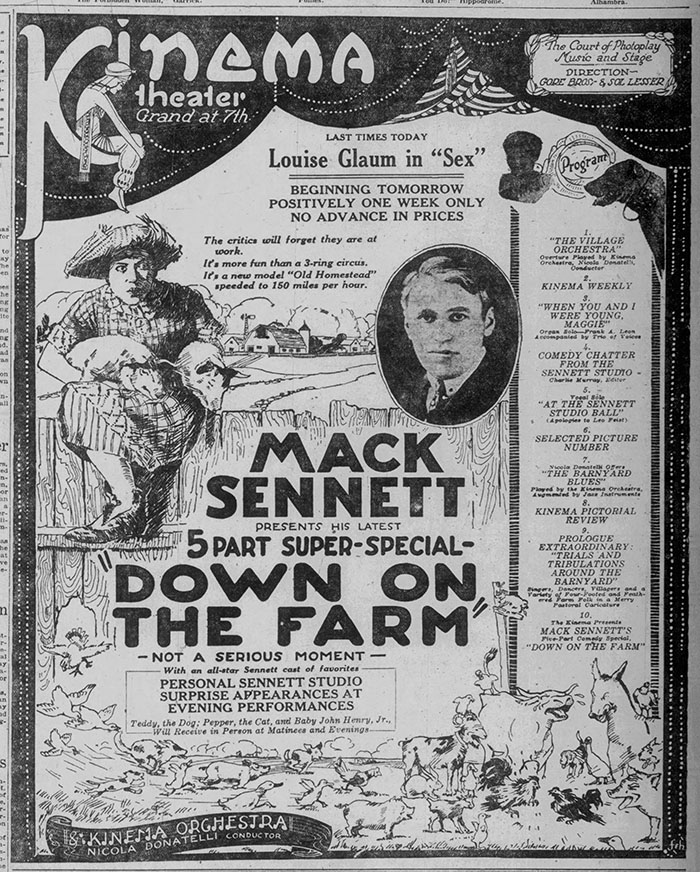 newspaper ad for the world premiere screenings of Down on the Farm at Kinema theater mentioning Pepper the cat