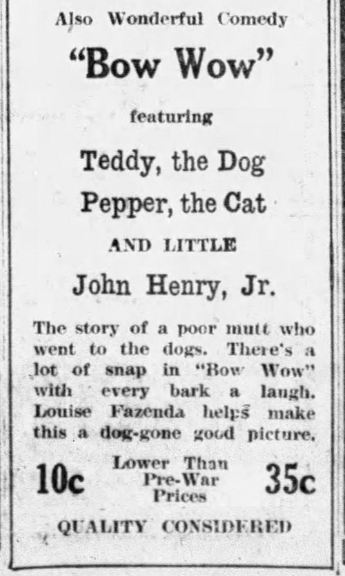 newspaper ad for Bow Wow mentioning Pepper the cat