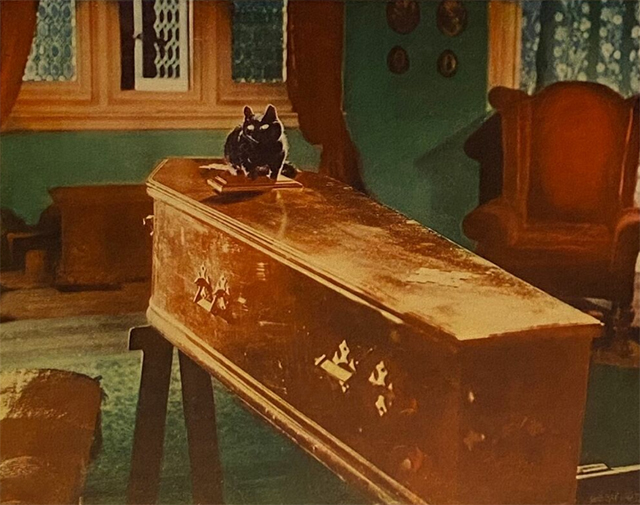 The Shadow of the Cat - colorized art of tabby cat Tabitha with eyes glowing sitting on coffin