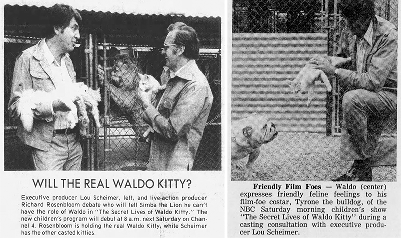 newspaper articles with photos of Lou Scheimer and Norm Prescott, Waldo Kitty and other animals at Frank Inn, Inc. kennels