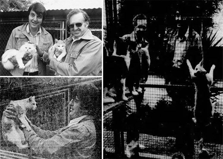 newspaper article photos of Lou Scheimer and Norm Prescott, Waldo Kitty and other animals at Frank Inn, Inc. kennels