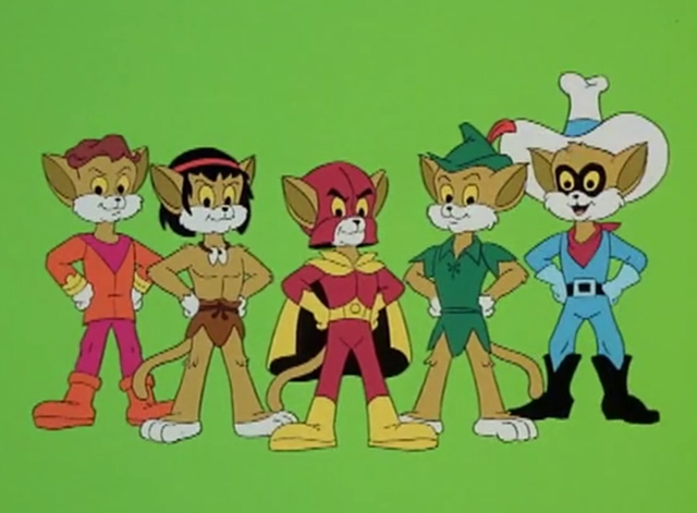 The Secret Lives of Waldo Kitty animated heroes Cat Man, Catzan, The Lone Kitty, Robin Cat and Captain Herc from Cat Trek