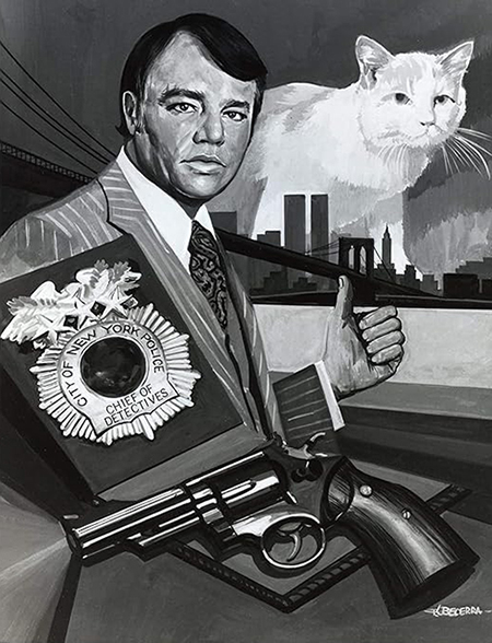Eischied publicity artwork painting of Joe Don Baker and cat Waldo Kitty