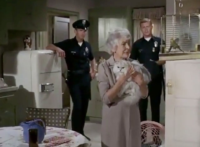 Adam-12 - Missing Child - Miss Fillmore Alma Platt Officer holding longhair Angora cat Domenic with Officer Malloy Martin Milner and Reed Kent McCord
