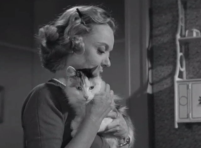 Alfred Hitchcock Presents - The Case of M.J.H. - Maude Barbara Baxley holding longhair calico cat