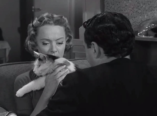 Alfred Hitchcock Presents - The Case of M.J.H. - Maude Barbara Baxley holding longhair calico cat between her and Jimmy Robert Loggia