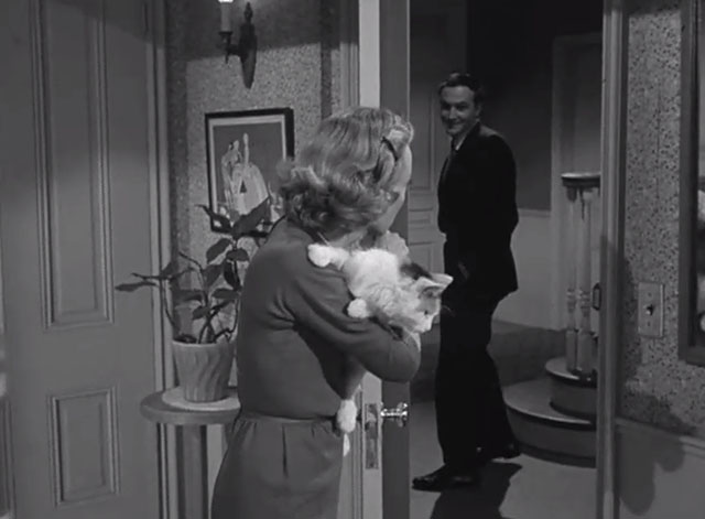 Alfred Hitchcock Presents - The Case of M.J.H. - Maude Barbara Baxley holding longhair calico cat with Jimmy Robert Loggia leaving through door