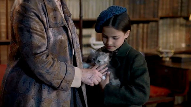 All Creatures Great and Small - Merry Bloody Christmas - Mrs. Pumphrey Patricia Hodge handing longhair grey tabby kitten Toto to Eva Ella Bernstein