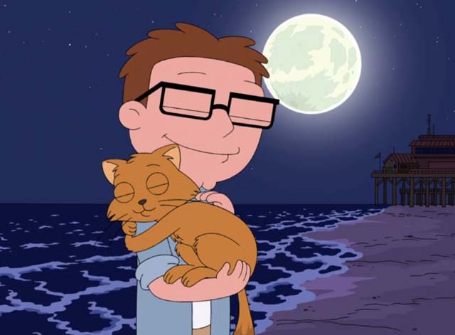 American Dad - Choosy Wives Choose Smith - Steve comforting orange cat Simon on beach under full moon