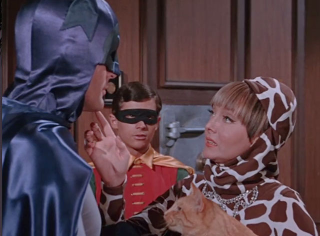 Batman - Marsha's Scheme of Diamonds - Carolyn Jones holding ginger tabby cat Circe with Batman Adam West and Robin Burt Ward