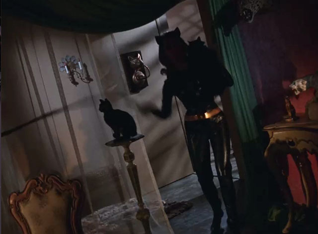 Batman - The Purr-fect Crime - Catwoman Julie Newmar holding black cat in shadows
