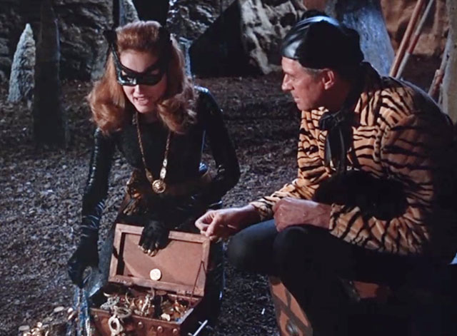 Batman - The Purr-fect Crime - Catwoman Julie Newmar with Leo Jock Mahoney holding black cat in cave