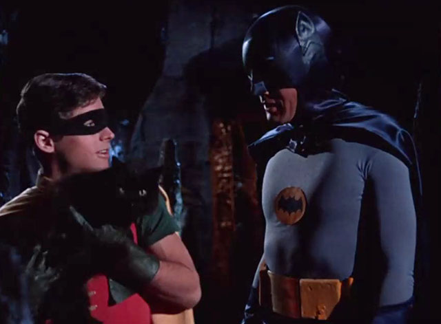 Batman - The Purr-fect Crime - Robin Burt Ward holding black cat in cave with Batman Adam West
