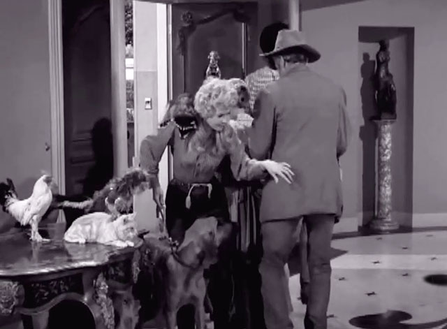 The Beverly Hillbillies - The Clampetts Go Hollywood - Elly May Donna Douglas, Jed Buddy Ebsen, Jethro Max Baer Jr. and Granny Irene Ryan in foyer with critters including ginger tabby cat Rusty Orangey