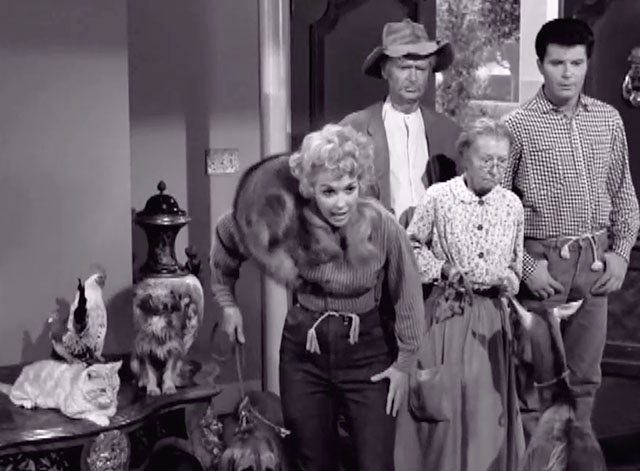 The Beverly Hillbillies - The Clampetts Go Hollywood - Elly May Donna Douglas, Jed Buddy Ebsen, Jethro Max Baer Jr. and Granny Irene Ryan in foyer with critters including ginger tabby cat Rusty Orangey