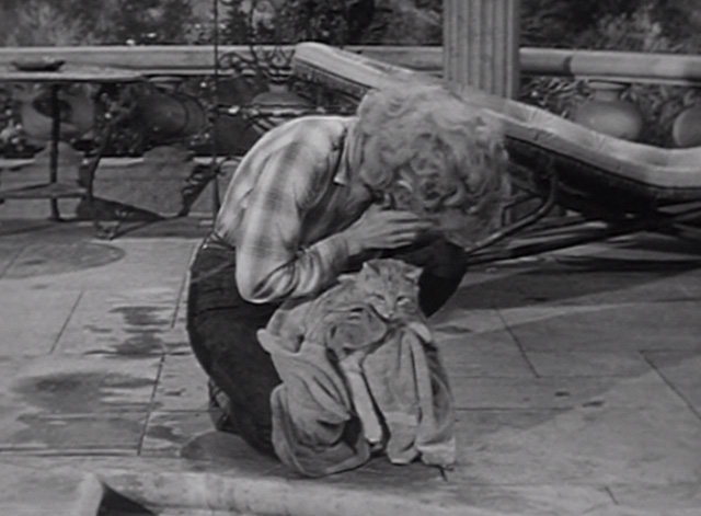 The Beverly Hillbillies - Jethro's Friend - Elly May Donna Douglas hiding eyes with Rusty cat Orangey in towel