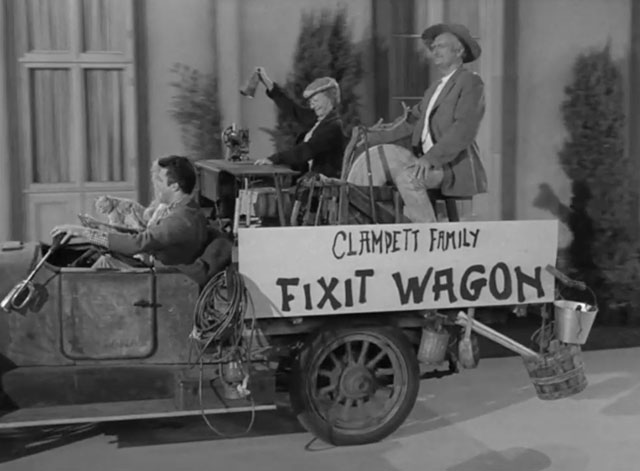 The Beverly Hillbillies - The Big Bank Battle - Clampett family Jed Buddy Ebsen, Granny Irene Ryan, Elly May Donna Douglas and Jethro Max Baer Jr. in truck in front of Mr. Drysdale's Raymond Bailey house
