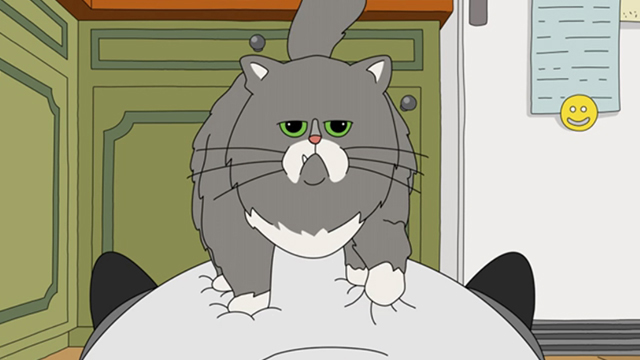 Bob's Burgers - There's No Business Like Mr. Business Business - grey and white cat kneading on Bob's stomach